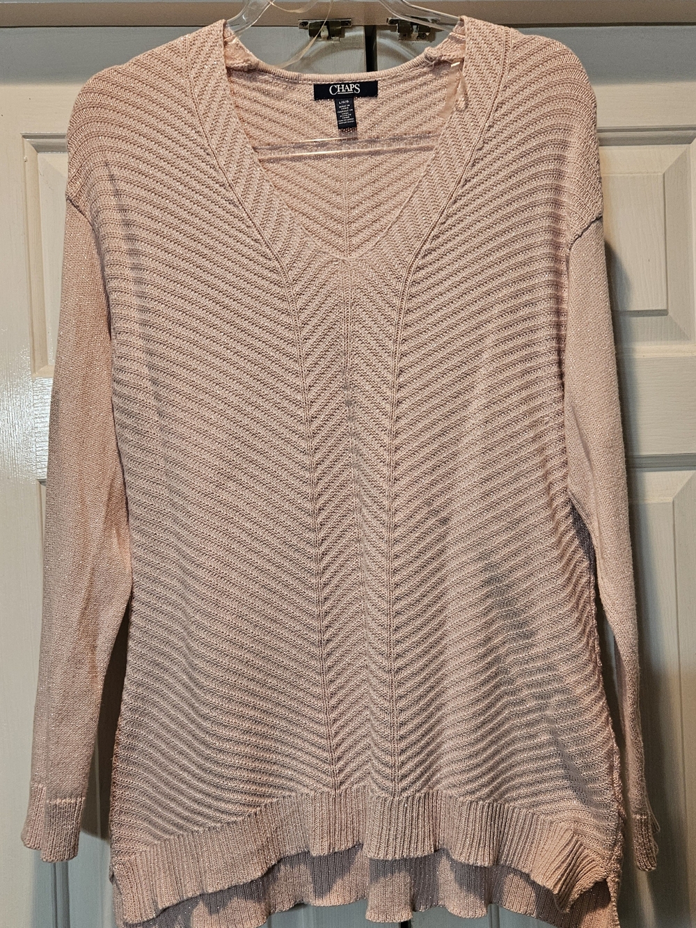 Chaps Women's Light Blush Pink V-Neck Chevron Knit Sweater
